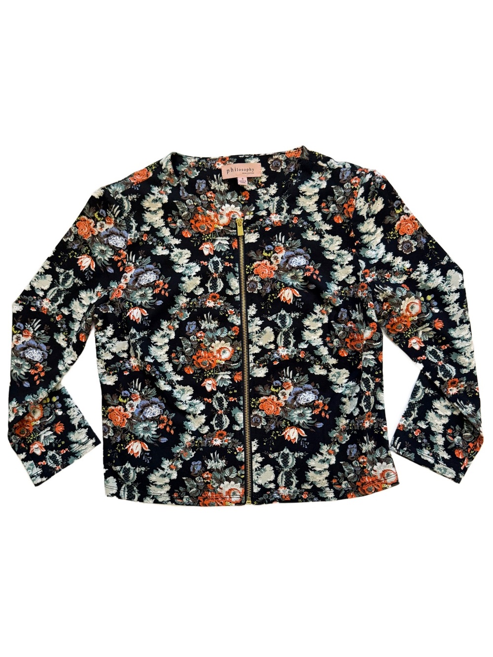 Philosophy Floral Zip Front Jacket Cropped Fitted Floral Blazer Black Small